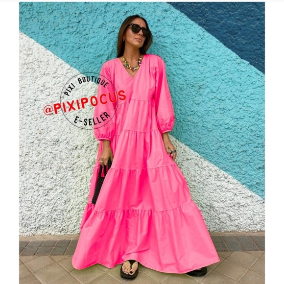 ZARA * Tiered Poplin Pink Dress Voluminous Flowy Maxi - Picture 2 of 13